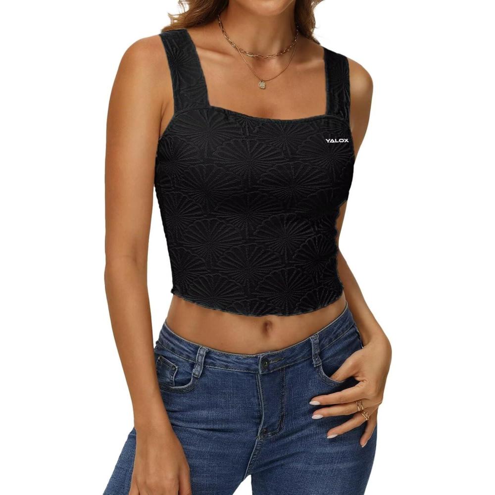 imageYALOX Womens Square Neck Tank Tops Workout Tops Summer Sleeveless ShirtsBlack
