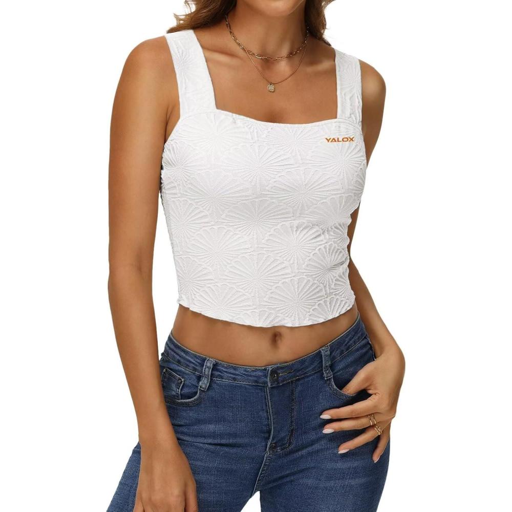 imageYALOX Womens Square Neck Tank Tops Workout Tops Summer Sleeveless ShirtsWhite