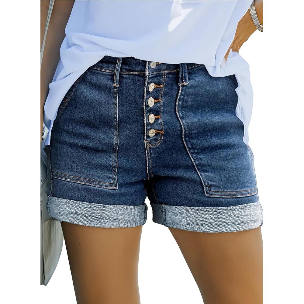 imageYALOX Womens Jean Shorts High Waisted Stretchy Denim Summer Casual Shorts with Five ButtonedMedium Blue
