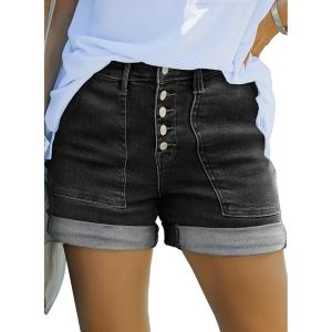 YALOX Womens Jean Shorts High Waisted Stretchy Denim Summer Casual Shorts with Five Buttoned(Black)