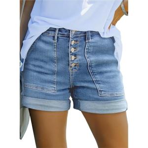 YALOX Womens Jean Shorts High Waisted Stretchy Denim Summer Casual Shorts with Five Buttoned(Light Blue)